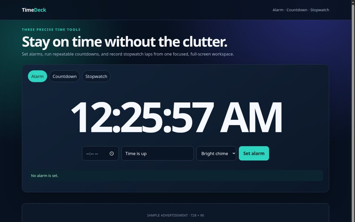 Alarm, Countdown & Stopwatch website preview