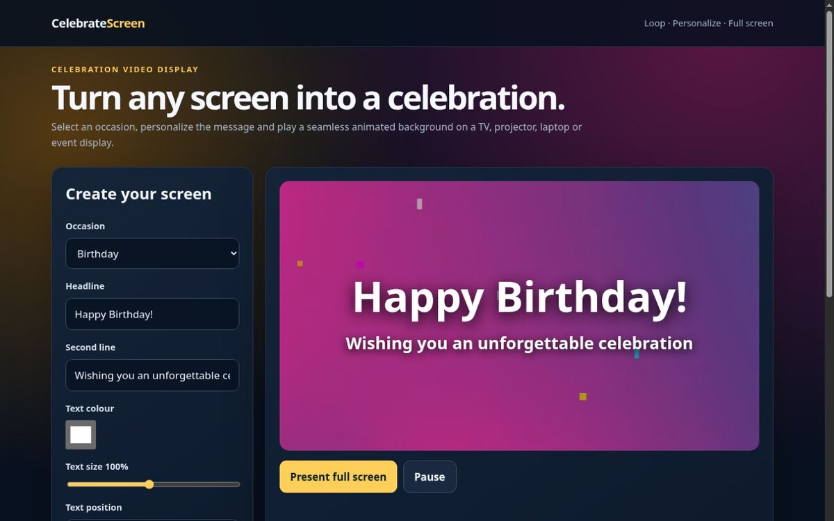 Celebration Video Loop Display website preview