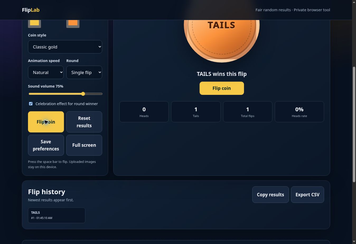 Custom Coin Flip website preview