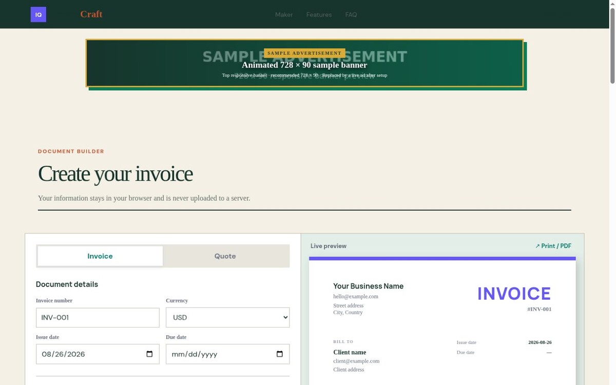 Invoice & Quote Maker website preview