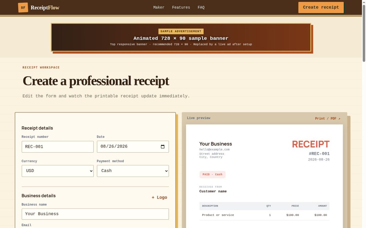 Receipt Maker website preview